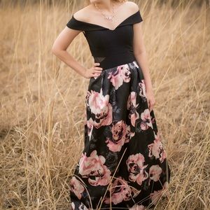 Black and Floral Off-The-Shoulders Prom Dress